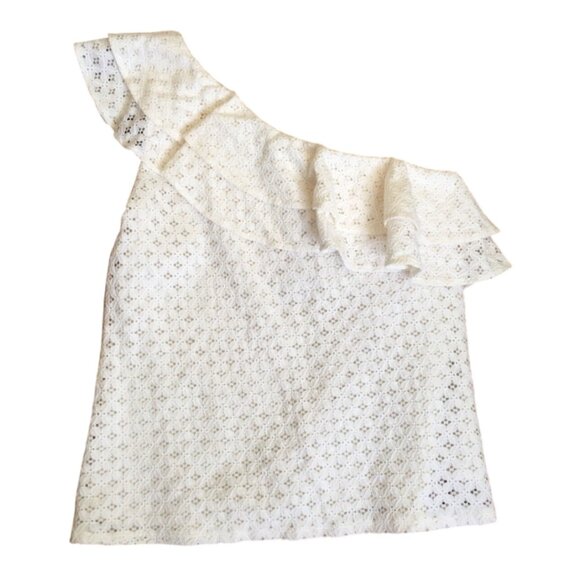 Banana Republic One-Shoulder Ivory Eyelet Ruffle Blouse Women SZ M Cotton Blend - Picture 2 of 9